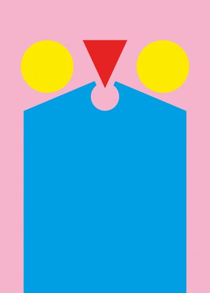 Philip Johnson and John Burgee's AT&T building illustrated in simple blue, yellow and red cut-outs