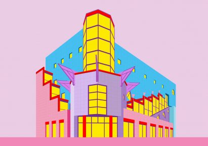 Wojciech Jarząbek's Solpol building in Wrocław illustrated by Adam Nathaniel Furman in bright colours and simple shapes