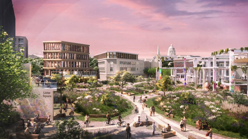 Aerial rendering of public green space with wall reading Lister Square on one side and the rewilded frame of Broadmarsh shopping centre on the other