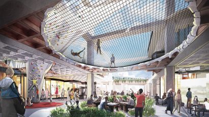 Rendering of an indoor/outdoor space within the frame of an old building, showing a climbing wall and shops on the left side and people eating at benches in the centre