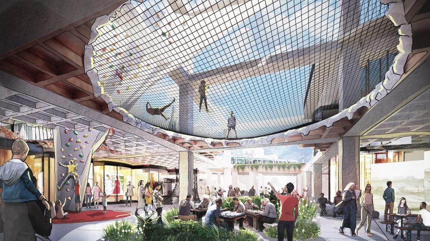 Rendering of an indoor/outdoor space within the frame of an old building, showing a climbing wall and shops on the left side and people eating at benches in the centre