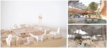 a collage consisting of a photo of a paper model and two renders