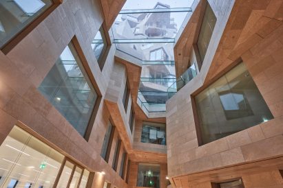 Stone-clad lobby inside Valley by MVRDV