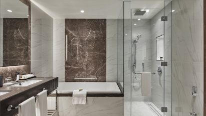 A photograph of a bathroom within one of the Fairmont Dubai's rooms