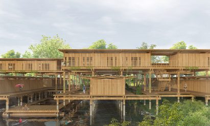 An digital illustration off social housing in the Amazon by Danielle Khoury.