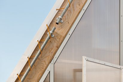 Polycarbonate facade of Aire de Repos shelter