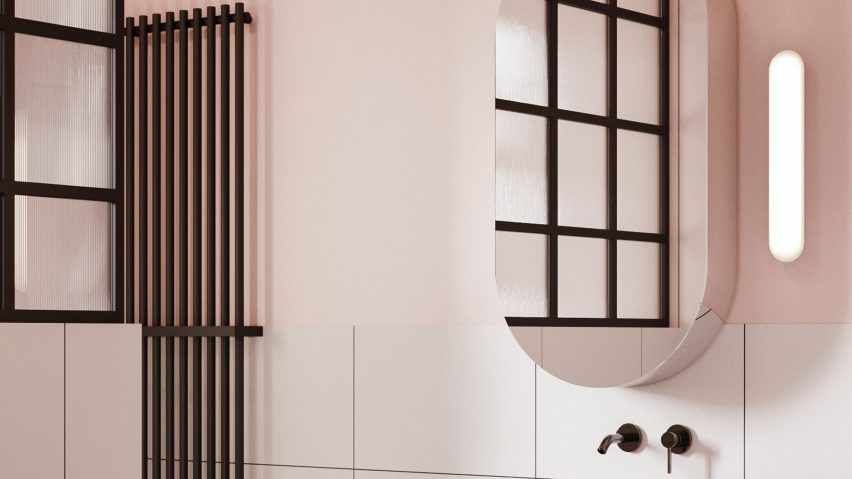 Altea wall light by Astro used in a pink bathroom