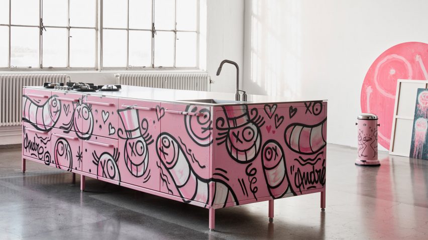 Armour pink kitchen and pedal bin in an artist's studio