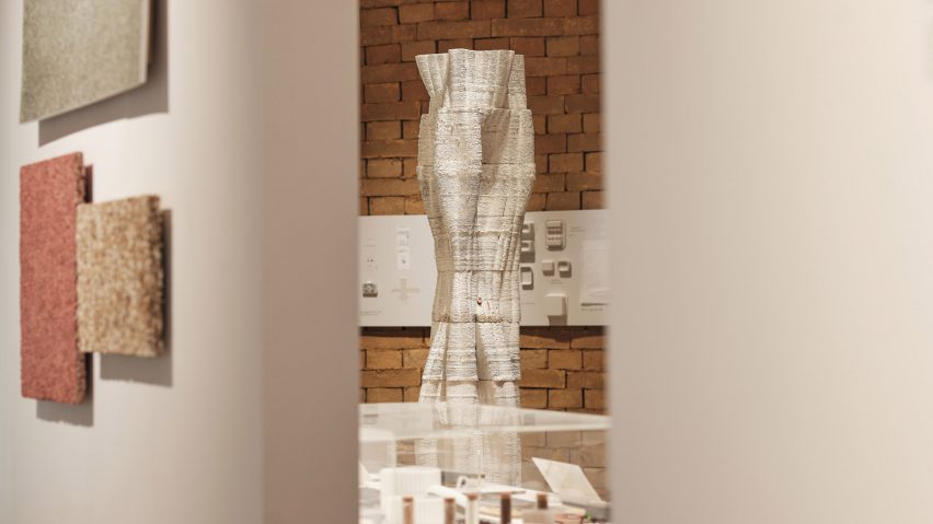3D-printed mycelium column by Blast Studio at the Waste Age exhibition in London's Design Museum