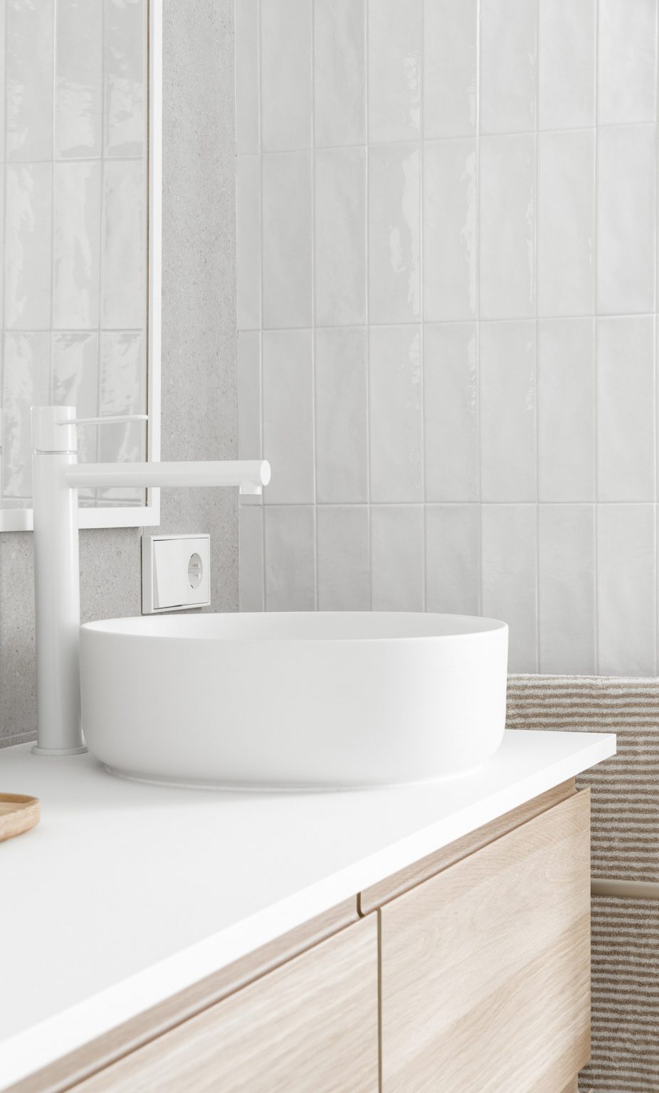 White bathroom with wooden cabinets