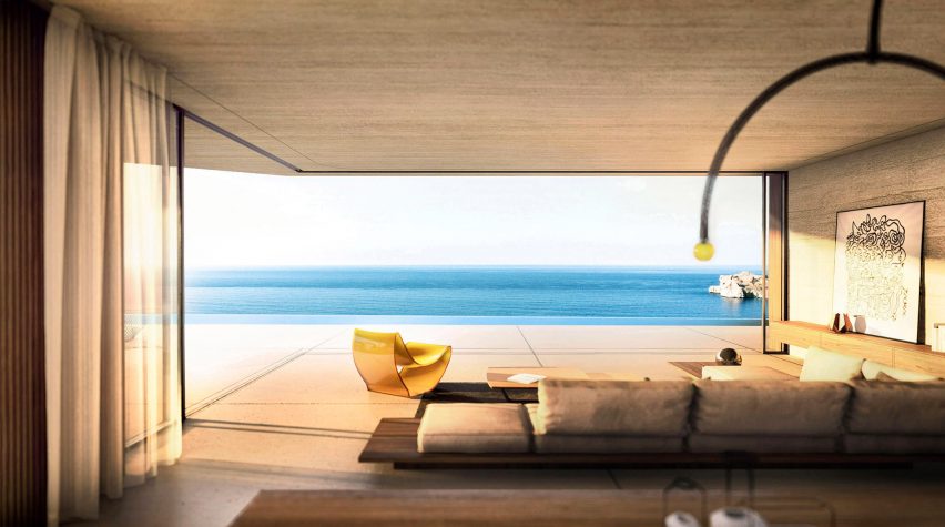 Render of living room with sliding glass doors