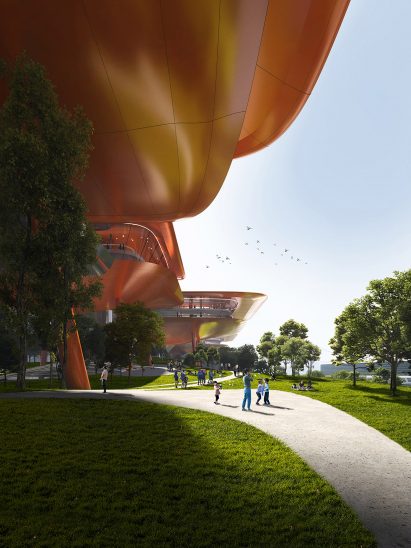 Render of orange aluminium-clad buildings by MAD