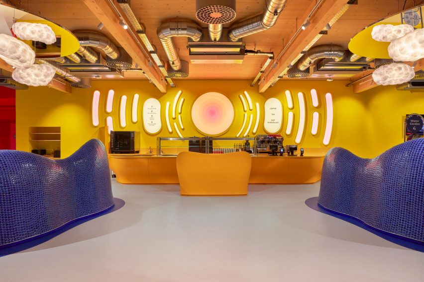 Blue and yellow counters inside a restaurant