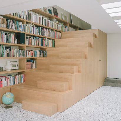 Oak staircase, shelves and globe in Farleigh Road renovation and extension by Paolo Cossu Architects