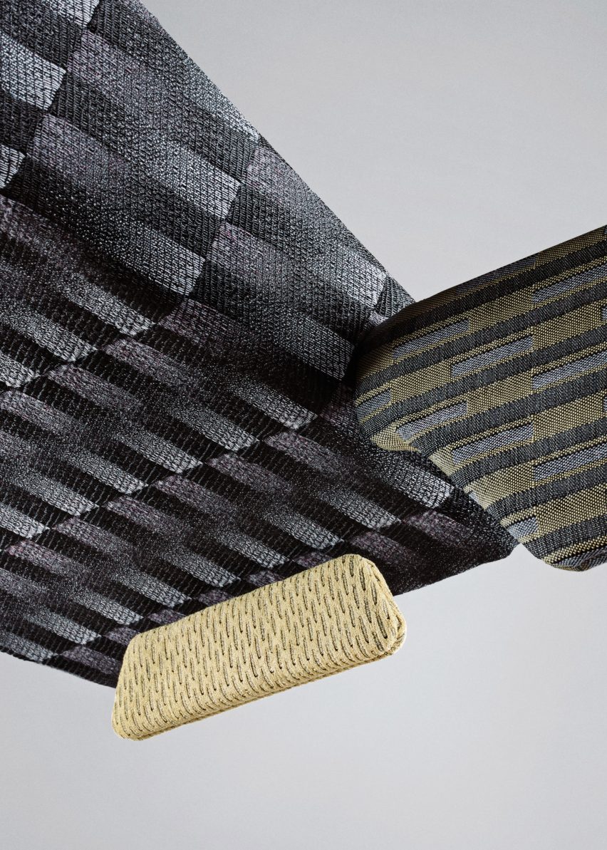 Various Fibers Unsorted textiles in shades of grey and yellow upholstered over abstract shapes