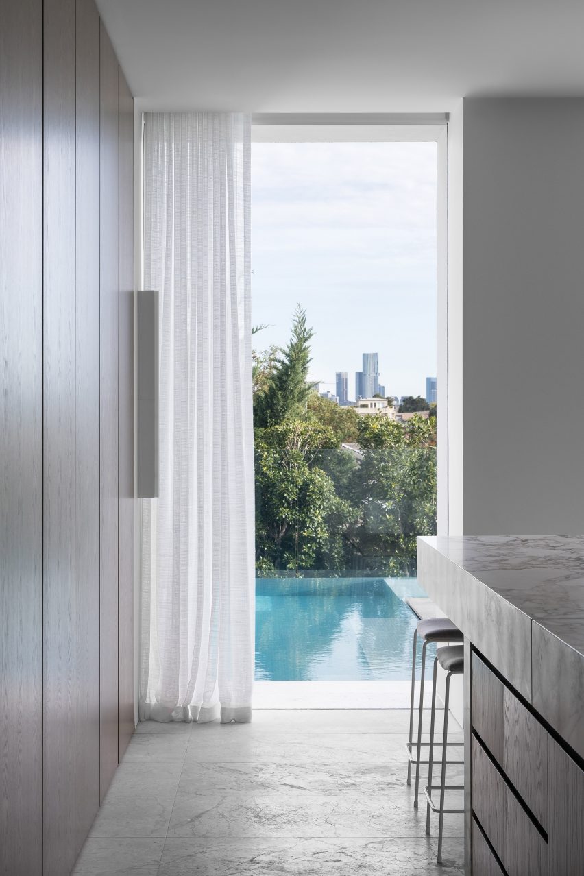 Kitchen looking out to rooftop pool