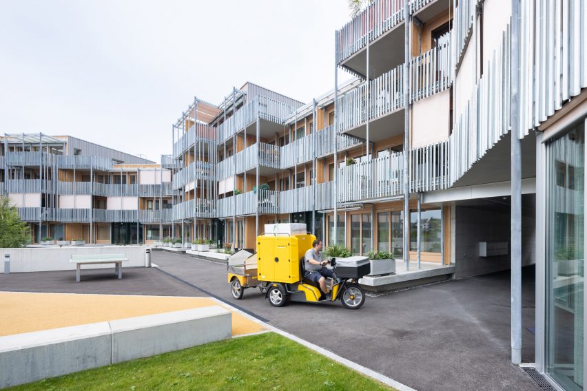 Weggishof is a modular mixed-use building that was designed by HHF Architects