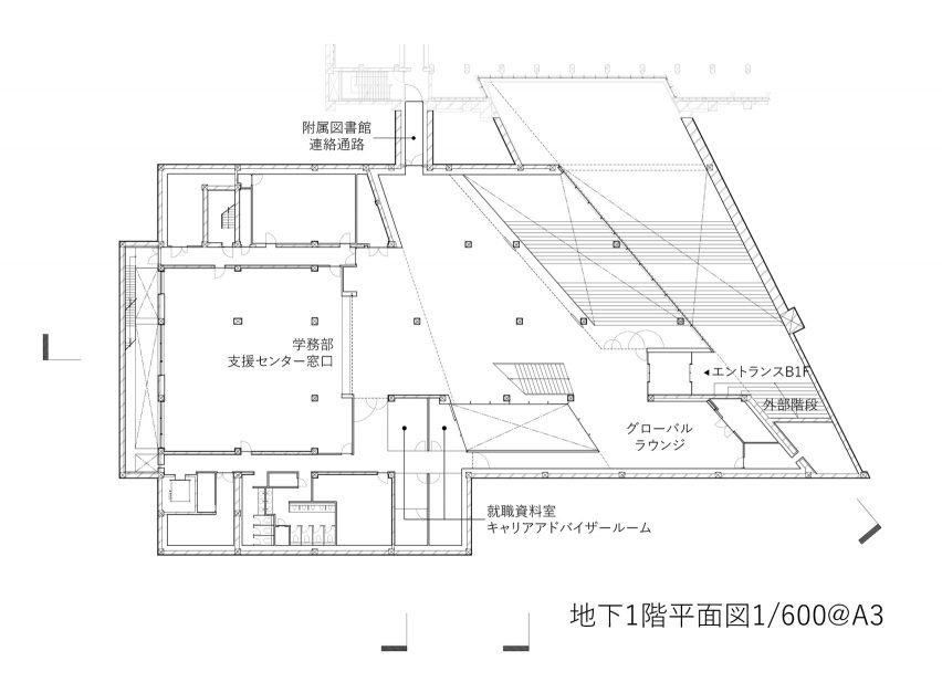 Basement 1 floor plan of Hisao & Hiroko Taki Plaza by Kengo Kuma & Associates