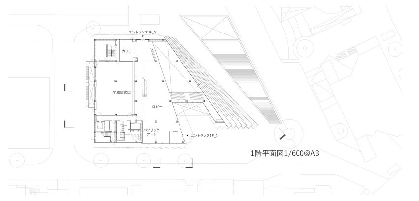 Ground floor plan of Hisao & Hiroko Taki Plaza by Kengo Kuma & Associates