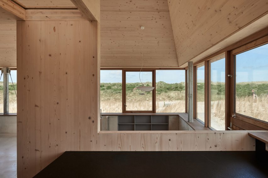 Plywood-lined kitchen