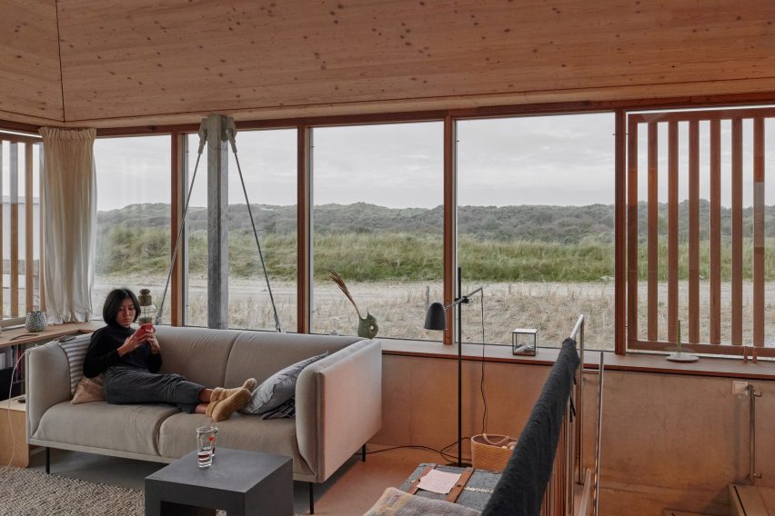 Plywood-lined living room