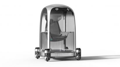Silver single-passenger pod sitting on base with four Hyundai Plug and Drive modules attached in Mobility of Things concept