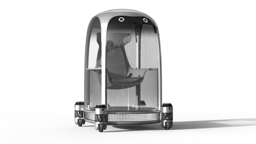 Silver single-passenger pod sitting on base with four Hyundai Plug and Drive modules attached in Mobility of Things concept