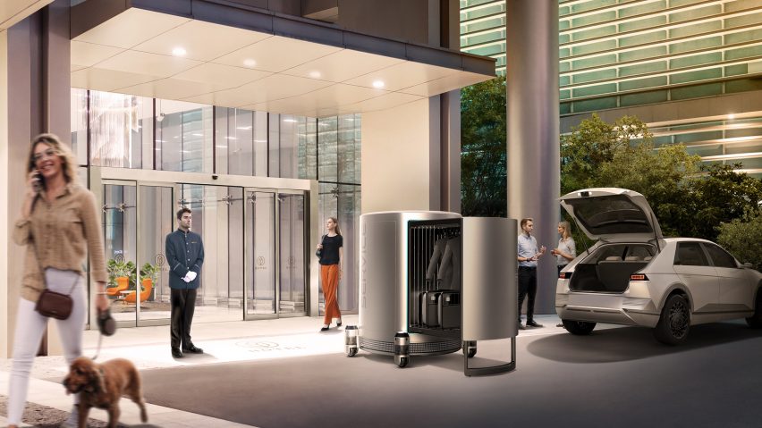 Hyundai Mobility of Things concept with Plug and Drive module attached to hotel luggage trolley