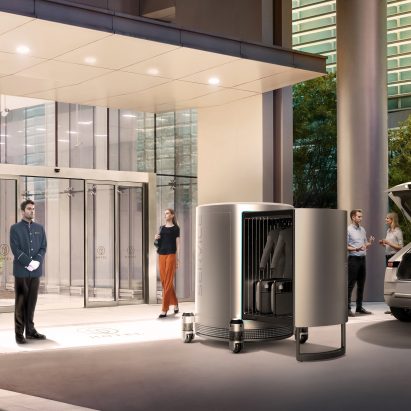 Hyundai Mobility of Things concept with Plug and Drive module attached to hotel luggage trolley