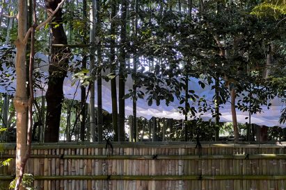 The pavilion is tied to bamboo branches