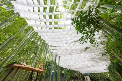 Kyoto Yudo Pavilion is suspended in the bamboo grove