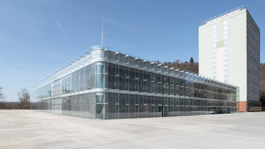 The exterior of the building was wrapped in a glass facade