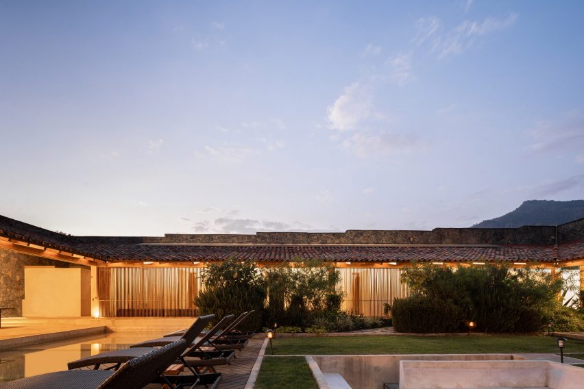 Evening view of modern Mexican hacienda