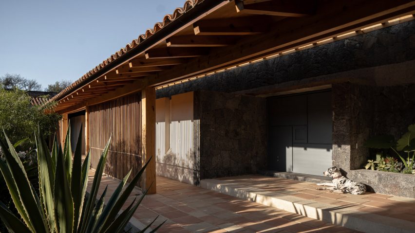 Dog lounging by courtyard of La Hacienda Jardin