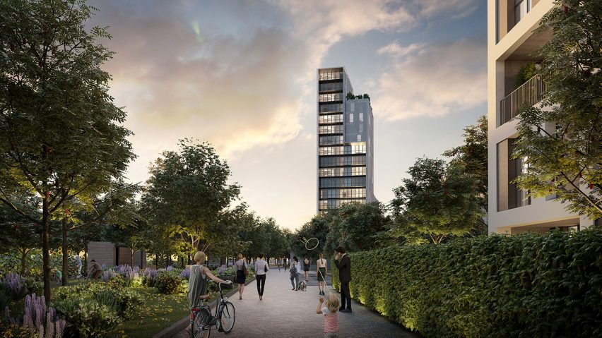 Render of the L'Innesto social housing project in Milan showing parks and gardens in the foreground and a tower in the background