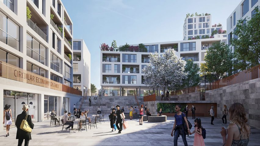 Render of public square at L'Innesto development in Milan showing a Circular Economy District sign on a building on the left and mid-rise buildings in the background