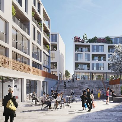 Render of public square at L'Innesto development in Milan showing a Circular Economy District sign on a building on the left and mid-rise buildings in the background