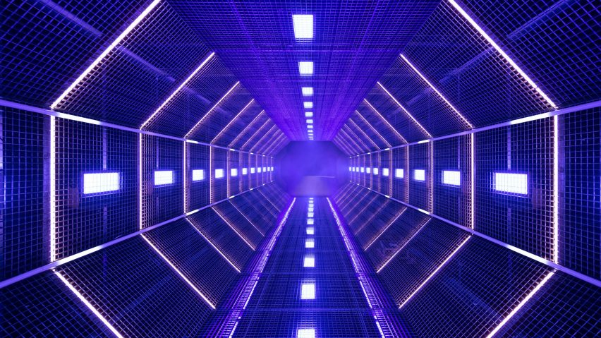 A neon blue tunnel at the Fondazione Prada