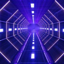 A neon blue tunnel at the Fondazione Prada