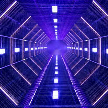 A neon blue tunnel at the Fondazione Prada