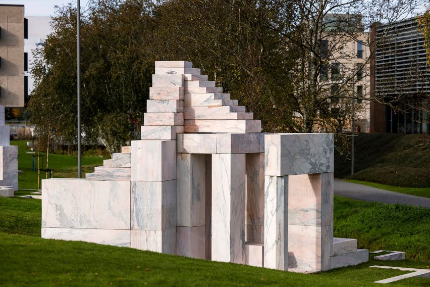 A pink marble sculpture by KWY Studio
