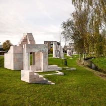 Pink marble sculptures in a park