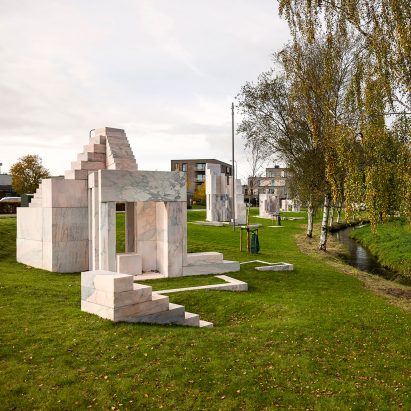 Pink marble sculptures in a park