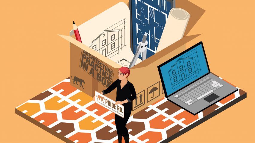 Graphic of Pride Road Architecture founder Lisa Raynes holding sign in front of a box with architecture supplies