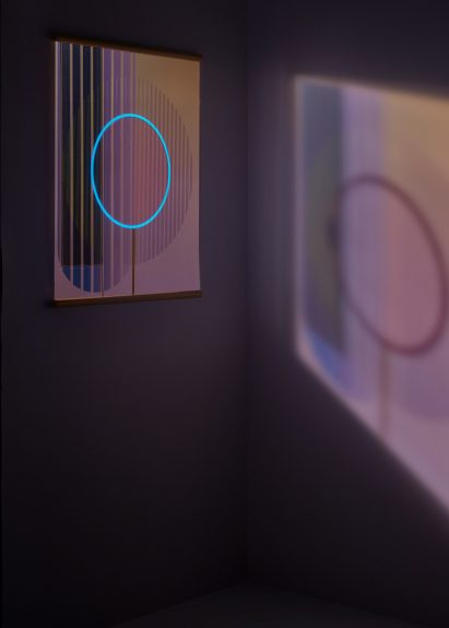 Ra solar tapestry at night time with glowing ring at its centre throwing colourful shadows on the wall