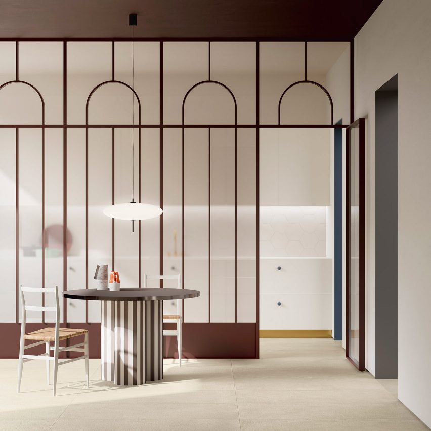 Cafe interior with circular table and chairs tiled in Roc Blanc tiles from Roc Ancien collection by Fiandre Architectural Surfaces