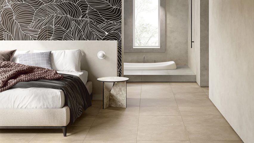 Bedroom tiled in Roc Beige tiles from Roc Ancien collection by Fiandre Architectural Surfaces