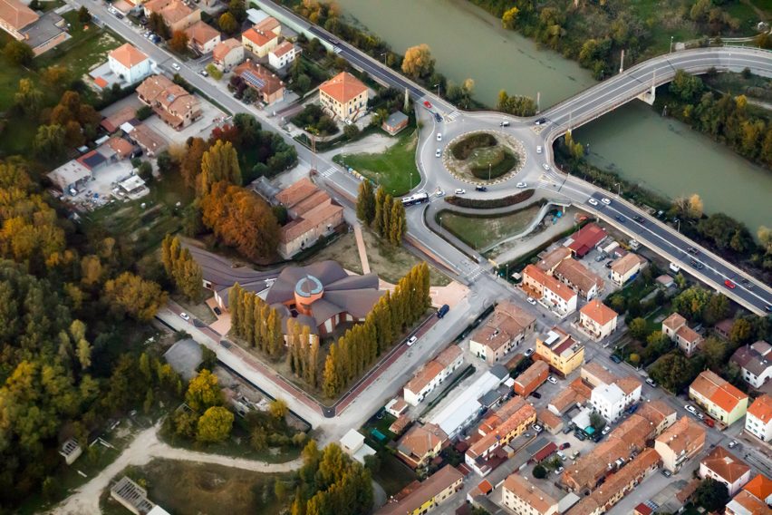 Aeral view of church in Ferrara with undulating roof