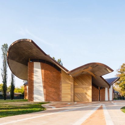 Exterior of EMBT-designed church in Ferrara