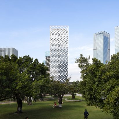 SOM's Rural Commercial Bank headquarters in Shenzhen visible through park treeline